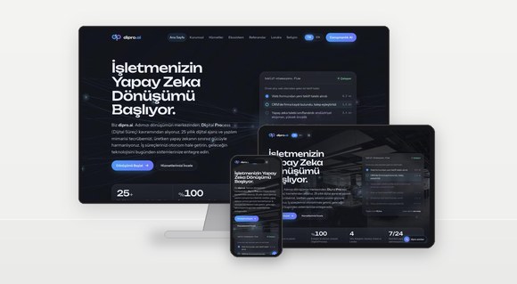 dipro.ai kurumsal yapay zekâ markasının web sitesi masaüstü, tablet ve mobil ekranlarda
