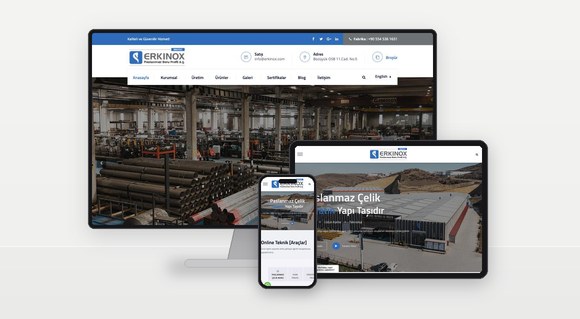 Erkinox paslanmaz çelik kurumsal web sitesi masaüstü, tablet ve mobil ekranlarda