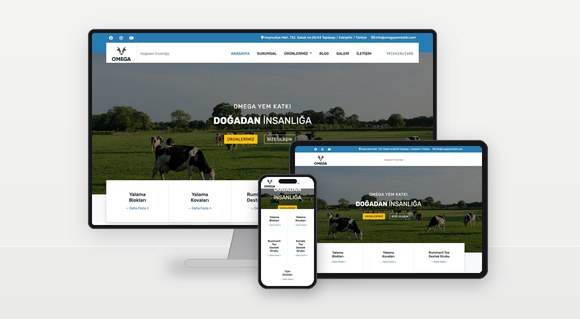 Omega Yem Katkı kurumsal web sitesi masaüstü, tablet ve mobil ekranlarda