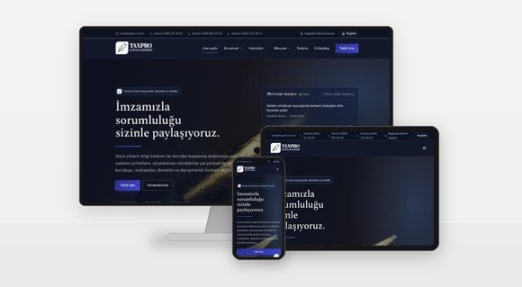 TAXPRO Yeminli Mali Müşavirlik kurumsal web sitesi ve Üstad AI asistanı masaüstü, tablet ve mobil ekranlarda